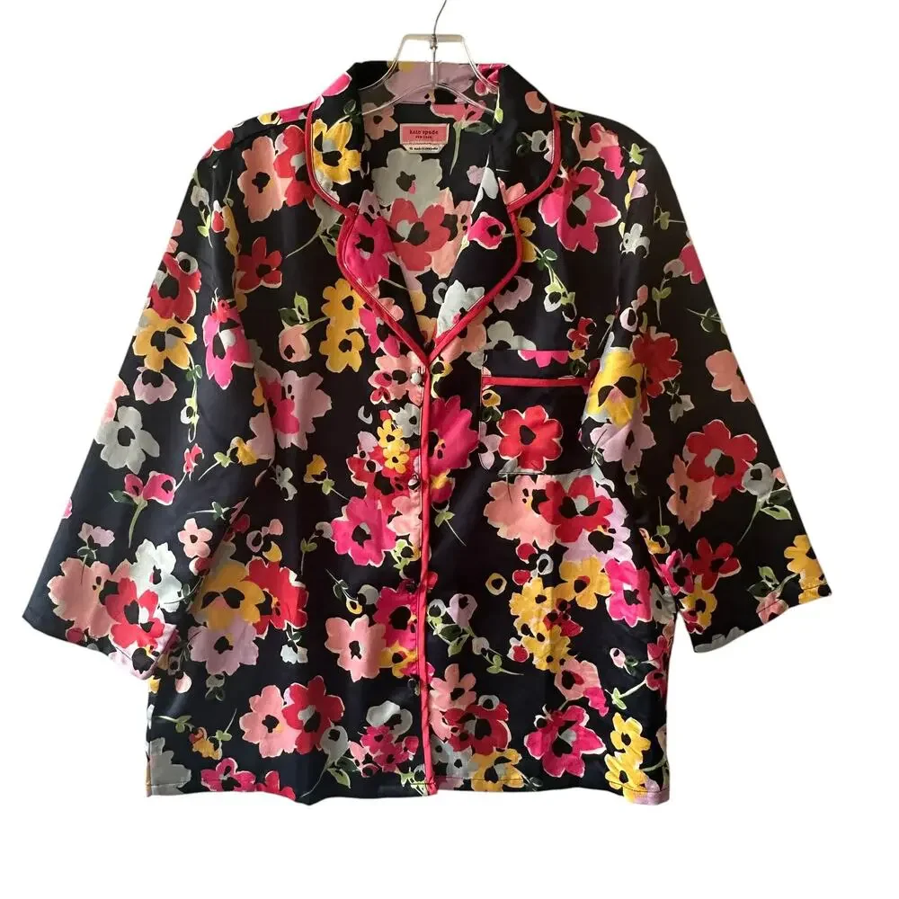 Kate Spade Floral Pajama Set Womens Medium Navy Pink Colorful Lounge 2-Piece PJs